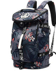 Floral gym bag with multiple compartments including a shoe compartment, waterproof design, and adjustable straps for versatile carrying options.