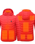 Men's USB heated jacket with removable hood, carbon fiber heating elements, and adjustable temperature control for ultimate warmth. Lightweight and windproof design, perfect for outdoor activities and cold weather. Features a detachable hood and convenient storage bag for easy travel