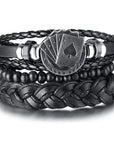 4Pcs/Set braided leather bracelets with wooden beads and rustic charms, including life tree and rudder designs, offering a vintage tribal-inspired look with braided patterns and durable leather for a stylish, ethnic accessory.