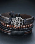 4Pcs/Set braided leather bracelets with wooden beads and rustic charms, including life tree and rudder designs, offering a vintage tribal-inspired look with braided patterns and durable leather for a stylish, ethnic accessory.