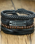 4Pcs/Set braided leather bracelets with wooden beads and rustic charms, including life tree and rudder designs, offering a vintage tribal-inspired look with braided patterns and durable leather for a stylish, ethnic accessory.
