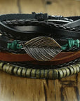 4Pcs/Set braided leather bracelets with wooden beads and rustic charms, including life tree and rudder designs, offering a vintage tribal-inspired look with braided patterns and durable leather for a stylish, ethnic accessory.