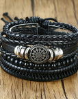 4Pcs/Set braided leather bracelets with wooden beads and rustic charms, including life tree and rudder designs, offering a vintage tribal-inspired look with braided patterns and durable leather for a stylish, ethnic accessory.