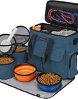 Dog Travel Bag, Weekend Pet Travel Set for Dog and Cat, Airline Approved Tote Organizer with Multi-Function Pockets, 2 Food Storage Containers, 2 Collapsible Bowls, 1 Feeding Mat (Blue)