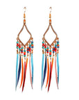 Tassels feather earrings Bohemian feather earrings Fringe feather earrings Statement feather earrings Boho chic earrings Long feather earrings Dangle tassel earrings Trendy feather earrings Fashionable tassel earrings Feather jewelry accessories