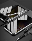 Magnetic privacy case for iPhone 13 Pro Max with anti-peep protection. Made with a metal frame and tempered glass, this phone case offers secure screen privacy and magnetic suction for easy attachment.