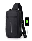 Anti-theft crossbody sling bag made from durable polyester, featuring a USB charging port, computer pocket, and soft surface. Ideal for secure storage and on-the-go charging, with a stylish, casual design and car suture detail.
