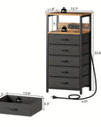 Modern nightstand with built-in charging station, LED light, and three fabric drawers. Includes USB ports and outlets for easy device charging, perfect for bedroom or bedside use