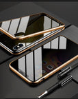 Magnetic privacy case for iPhone 13 Pro Max with anti-peep protection. Made with a metal frame and tempered glass, this phone case offers secure screen privacy and magnetic suction for easy attachment.
