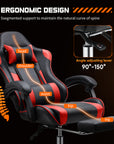 Adjustable ergonomic gaming chair with footrest, stainless steel frame, and plush leather upholstery.