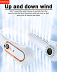 Portable bladeless neck fan with 5 adjustable wind speeds, USB rechargeable, perfect for outdoor activities, travel, and staying cool during hot weather. Wearable design with a sleek, bladeless style for comfort and convenience