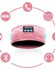 A pink Bluetooth music headband designed as a wireless eye mask, featuring hands-free calling, voice control, and stereo sound. Ideal for running, relaxing, or sleeping, offering a comfortable, head-mounted fit with Bluetooth 5.0 connectivity.