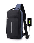 Anti-theft crossbody sling bag made from durable polyester, featuring a USB charging port, computer pocket, and soft surface. Ideal for secure storage and on-the-go charging, with a stylish, casual design and car suture detail.