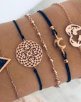 Elegant anklet bracelet featuring a star and moon design, with geometric, love, and flower elements. Includes turtle charm and beaded accents for a unique, boho-inspired look perfect for special occasions like weddings, anniversaries, and birthdays