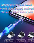 Magnetic charging cable streamer with LED lights, designed for Android and Type-C devices. Features magnetic absorption cable for easy connection and quick charging, with durable nylon braided material and vibrant color options like blue, red, and green