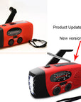 Solar hand crank radio with USB charging port, red in color. Features include a Midland Weather Alert Radio, hand crank radio flashlight, and solar charging capabilities, designed for emergency preparedness and outdoor use.