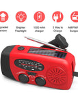 Solar hand crank radio with USB charging port, red in color. Features include a Midland Weather Alert Radio, hand crank radio flashlight, and solar charging capabilities, designed for emergency preparedness and outdoor use.