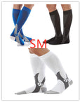 Unisex compression socks made from polyester, nylon, and cotton, designed for improved circulation, reduced swelling, and all-day comfort. Available in multiple sizes for men and women