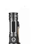 Powerful CREE XHP70.2 LED flashlight with 150,000 lumens, rechargeable batteries, zoom lens, and water resistance