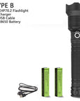 Powerful CREE XHP70.2 LED flashlight with 150,000 lumens, rechargeable batteries, zoom lens, and water resistance