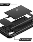 Dual layer hybrid defender armor case with card holder for Android phones. Made from durable TPU and PC materials, the case offers shock protection and has a built-in card pocket to store 2-3 cards or cash for added convenience