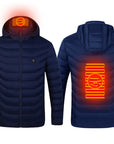 Men's USB heated jacket with removable hood, carbon fiber heating elements, and adjustable temperature control for ultimate warmth. Lightweight and windproof design, perfect for outdoor activities and cold weather. Features a detachable hood and convenient storage bag for easy travel
