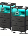 Modern nightstand with built-in charging station, LED light, and three fabric drawers. Includes USB ports and outlets for easy device charging, perfect for bedroom or bedside use