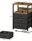 Modern nightstand with built-in charging station, LED light, and three fabric drawers. Includes USB ports and outlets for easy device charging, perfect for bedroom or bedside use