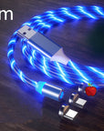 Magnetic charging cable streamer with LED lights, designed for Android and Type-C devices. Features magnetic absorption cable for easy connection and quick charging, with durable nylon braided material and vibrant color options like blue, red, and green