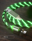 Magnetic charging cable streamer with LED lights, designed for Android and Type-C devices. Features magnetic absorption cable for easy connection and quick charging, with durable nylon braided material and vibrant color options like blue, red, and green
