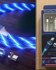 Magnetic charging cable streamer with LED lights, designed for Android and Type-C devices. Features magnetic absorption cable for easy connection and quick charging, with durable nylon braided material and vibrant color options like blue, red, and green