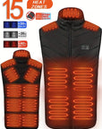 Men's USB heated vest with 15 heating zones, USB rechargeable, electric power bank heated jacket, ideal for winter adventures.