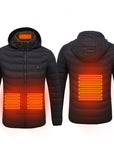 Men's USB heated jacket with removable hood, carbon fiber heating elements, and adjustable temperature control for ultimate warmth. Lightweight and windproof design, perfect for outdoor activities and cold weather. Features a detachable hood and convenient storage bag for easy travel