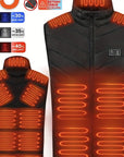 Men's USB heated vest with 15 heating zones, USB rechargeable, electric power bank heated jacket, ideal for winter adventures.