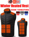 Men's USB heated vest with 15 heating zones, USB rechargeable, electric power bank heated jacket, ideal for winter adventures.