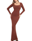Two-in-one long sleeve narrow dress with double-layer belly lining, providing waist support, shaping, and hip lifting for a flattering fit.