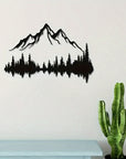 Two pieces of large mountain and forest metal wall art in a sleek black design, perfect for adding a nature-inspired touch to living rooms, bedrooms, or outdoor spaces.