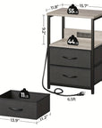 Modern nightstand with built-in charging station, LED light, and three fabric drawers. Includes USB ports and outlets for easy device charging, perfect for bedroom or bedside use