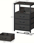 Modern nightstand with built-in charging station, LED light, and three fabric drawers. Includes USB ports and outlets for easy device charging, perfect for bedroom or bedside use