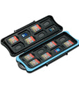 Waterproof Nintendo Switch game card case made of durable ABS material. Compact and sleek black design for storing and protecting Switch game cartridges.