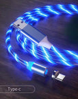 Magnetic charging cable streamer with LED lights, designed for Android and Type-C devices. Features magnetic absorption cable for easy connection and quick charging, with durable nylon braided material and vibrant color options like blue, red, and green