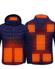 Men's USB heated jacket with removable hood, carbon fiber heating elements, and adjustable temperature control for ultimate warmth. Lightweight and windproof design, perfect for outdoor activities and cold weather. Features a detachable hood and convenient storage bag for easy travel