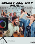 Portable karaoke machine with 2 wireless mics, Bluetooth, and 15-watt speaker. Includes multiple playback modes, smart device holder, and rechargeable battery.