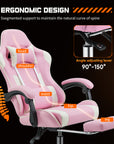 Adjustable ergonomic gaming chair with footrest, stainless steel frame, and plush leather upholstery.