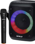 Portable karaoke machine with 2 wireless mics, Bluetooth, and 15-watt speaker. Includes multiple playback modes, smart device holder, and rechargeable battery.