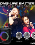 Portable karaoke machine with 2 wireless mics, Bluetooth, and 15-watt speaker. Includes multiple playback modes, smart device holder, and rechargeable battery.