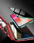 Magnetic privacy case for iPhone 13 Pro Max with anti-peep protection. Made with a metal frame and tempered glass, this phone case offers secure screen privacy and magnetic suction for easy attachment.