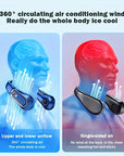 Portable bladeless neck fan with 5 adjustable wind speeds, USB rechargeable, perfect for outdoor activities, travel, and staying cool during hot weather. Wearable design with a sleek, bladeless style for comfort and convenience