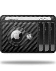 A premium carbon fiber wallet showcasing a slim, durable design with an integrated AirTag slot for modern tracking and everyday carry convenience