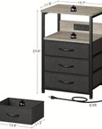 Modern nightstand with built-in charging station, LED light, and three fabric drawers. Includes USB ports and outlets for easy device charging, perfect for bedroom or bedside use